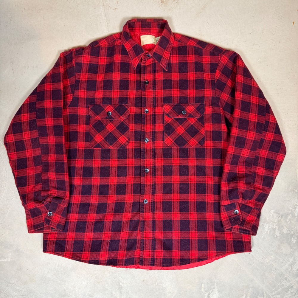 Vintage 70s Fieldmaster Red Black Plaid Quilted Lined Flannel Shirt Jacket XL